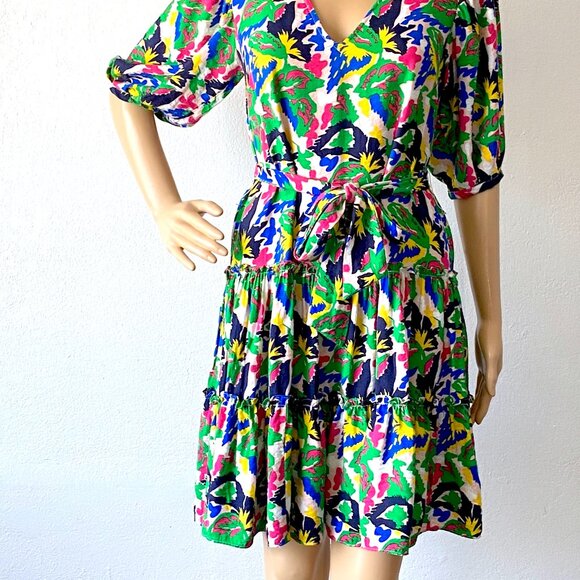 XS Summer Dress Ruffled Tiered Skirt Puffed Sleeves Colorful Abstract Botanical - Picture 4 of 9